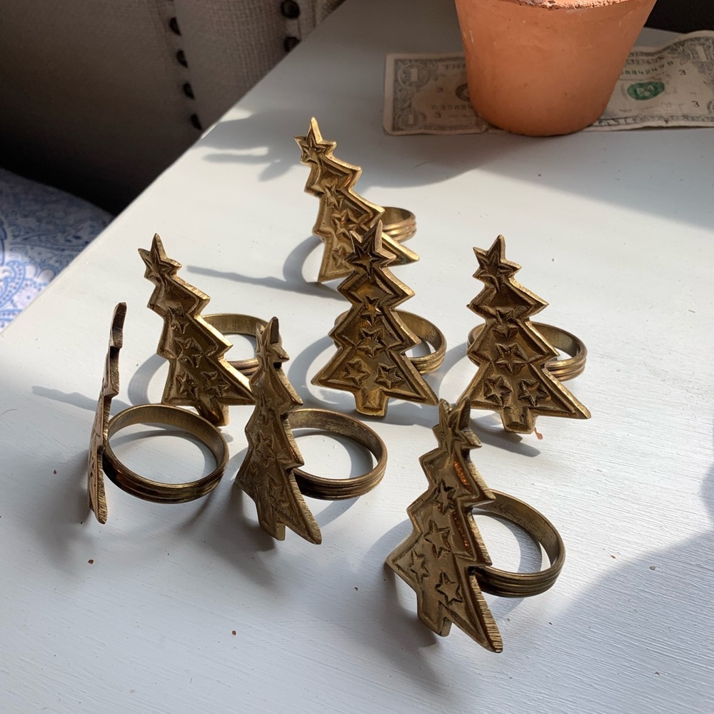 Vintage Brass Christmas Tree Napkin Rings - Picture 3 of 5
